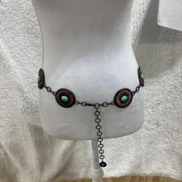 Western Concho Chain Belt Turquoise Stones Adjustable Copper tone Boho Hip Belt - Picture 6 of 7